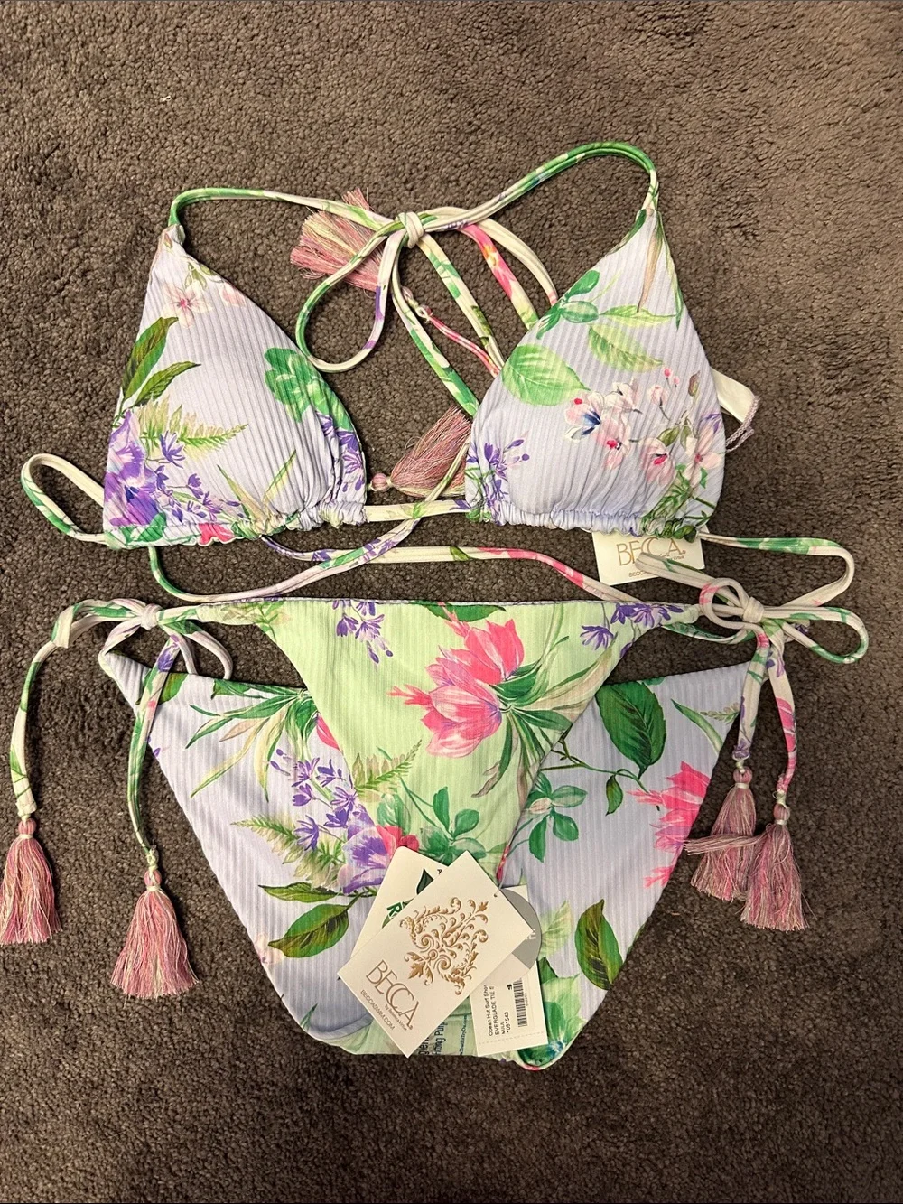 BECCA Reversible Pastel Green Floral Triangle Bikini with Pink Tassels
